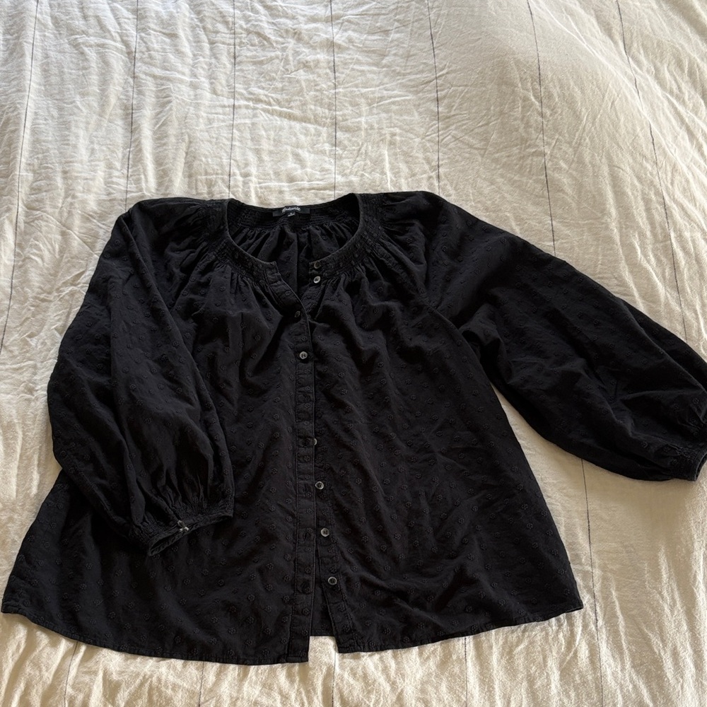 Madewell Black Button-Front Peasant Pointelle Blouse
